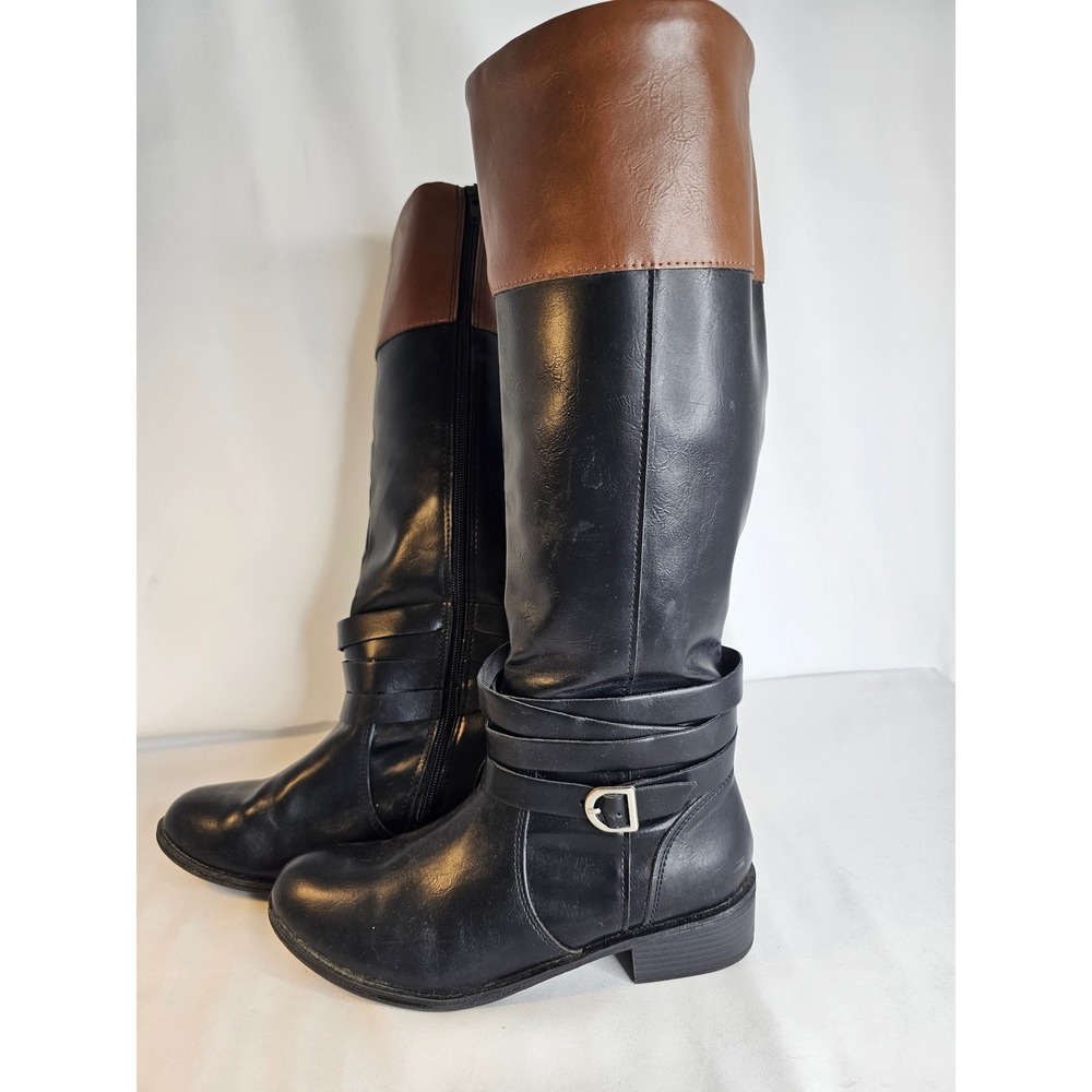 St. Johns Bay Douglas Riding Boots Womens 8.5 M Black Brown Two Tone Tall Buckle
